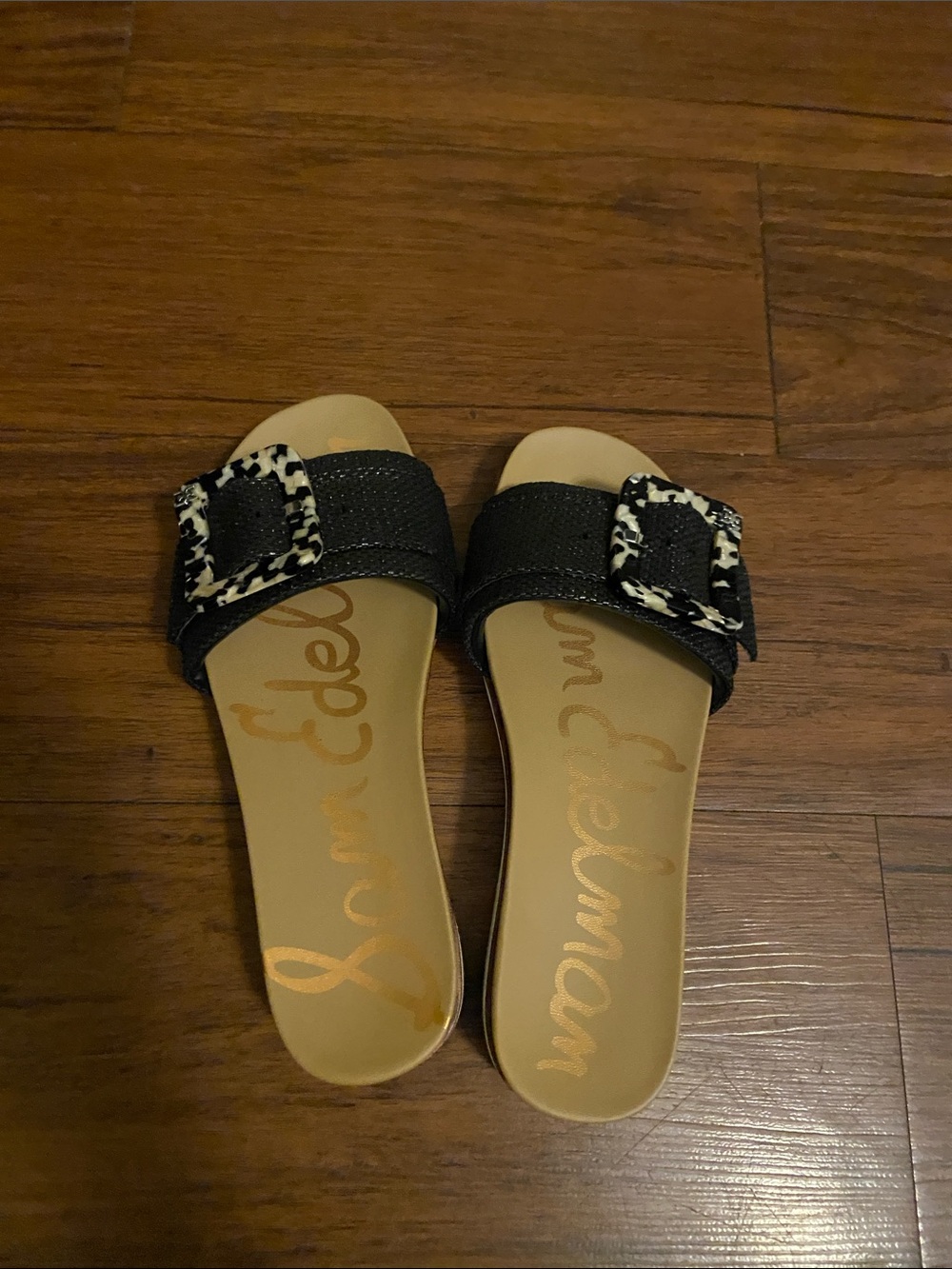 Sam Edelman Black Slide Sandals with Leopard-Print Buckles